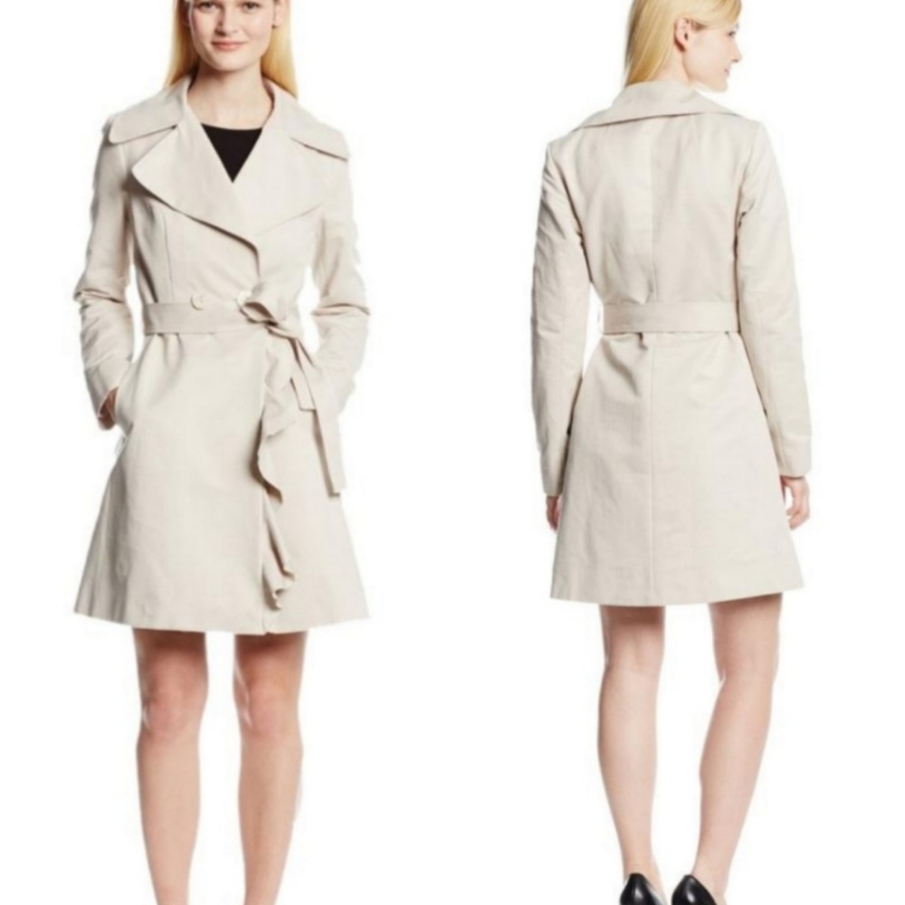Tahari Fitted Ruffle Trench Coat Sz Large